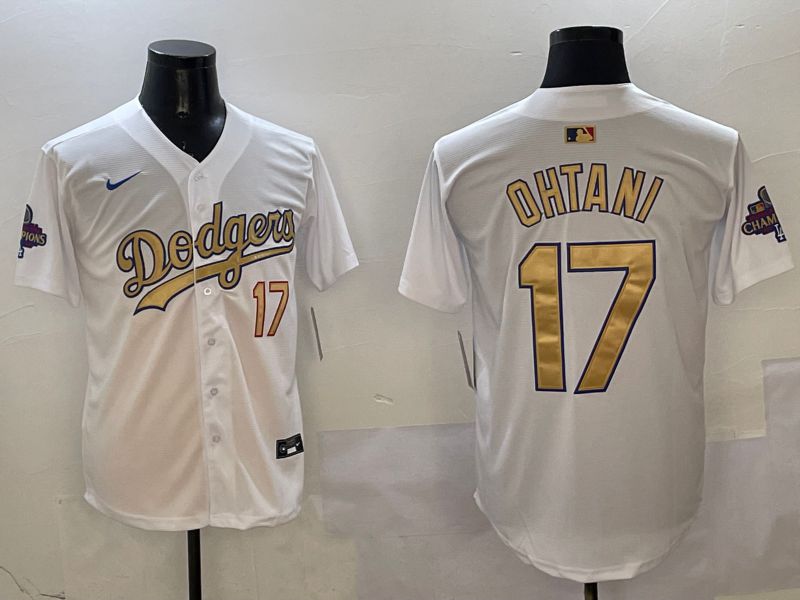 Men Los Angeles Dodgers #17 Ohtani White Champion gold character 2025 Nike MLB Jersey style 1